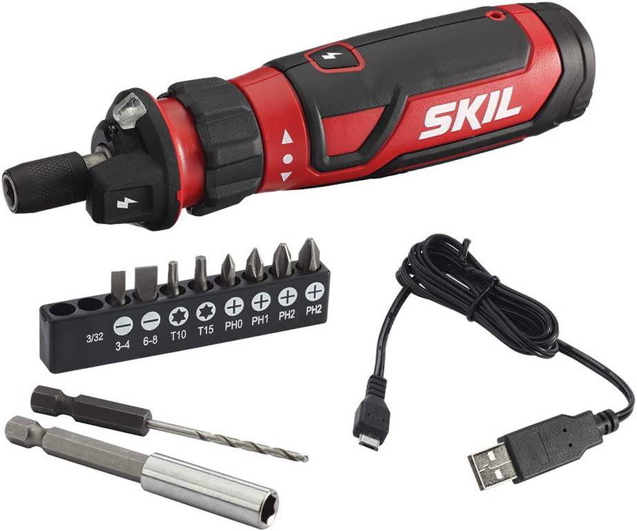 Destornillador inalámbrico SKIL recargable de 4 V con tecnología de sensor de circuito, incluye 9 puntas, 1 soporte para puntas, cable de carga USB - SD561201, rojo - DIGVICE MX