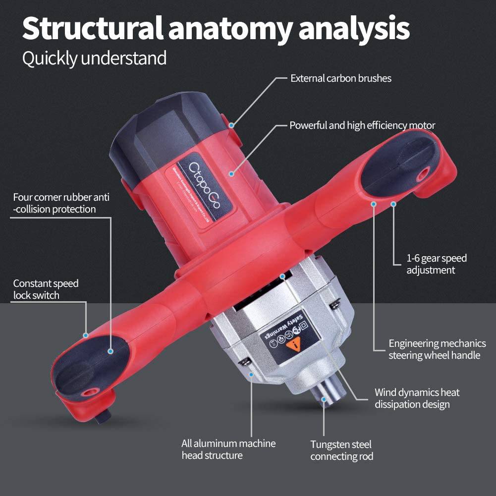 CtopoGo - 1600 W portátil eléctrico hormigón cemento yeso lechada pintura Thinset mortero paleta mezclador Pro taladro mezclador herramienta de agitación ajustable 6 velocidades portátil estándar 110 V - DIGVICE MX