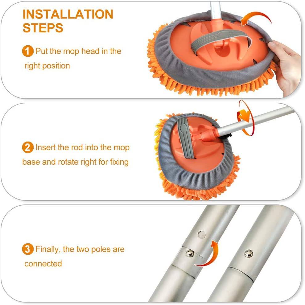Buyplus - Fregona con cepillo para lavado de coche con mango largo de aleación de aluminio de 46 pulgadas, kit de limpieza de coche de microfibra de chenilla 3 en 1, cepillo para polvo, no daña la pintura