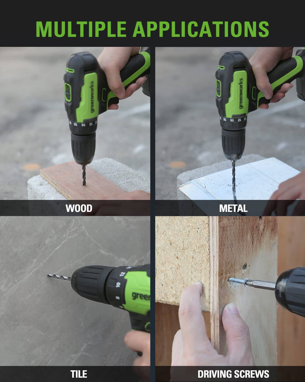 Greenworks Kit de taladro inalámbrico sin escobillas de 24 V, 310 pulgadas/libras, embrague de 18+1 posición, portabrocas sin llave de 1/2 pulgada, velocidad variable, (2) baterías de 2 Ah con cargador de 2A, luz LED, 8 brocas con bolsa de herramientas - DIGVICE MX