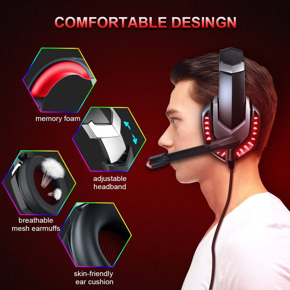 Donerton - Auriculares para juegos, sobre la oreja con micrófono con cancelación de ruido, sonido envolvente de graves estéreo, orejeras de memoria suave, luz LED, auriculares para juegos PS4 compatibles con PC, computadora portátil, PS4, PS5, rojo