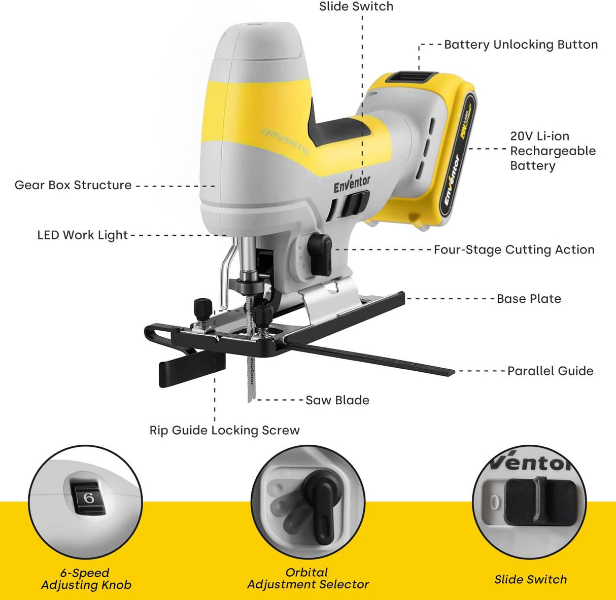 Sierra de calar inalámbrica, herramienta de sierra de calar sin escobillas ENVENTOR de 20 V, con luz LED, 3000 SPM, 6 velocidades variables, 4 juegos orbitales, corte biselado ±45°, 6 cuchillas para madera, metal y plástico - DIGVICE MX