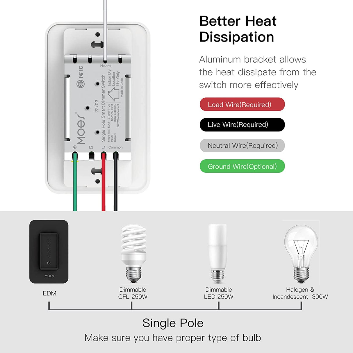 MOES WiFi Smart Light Dimmer Switch, requiere cable neutro, no requiere concentrador, control remoto Smart Life/Tuya APP, compatible con Alexa Google Home para control de voz, ETL y FCC listado unipolar negro - DIGVICE MX
