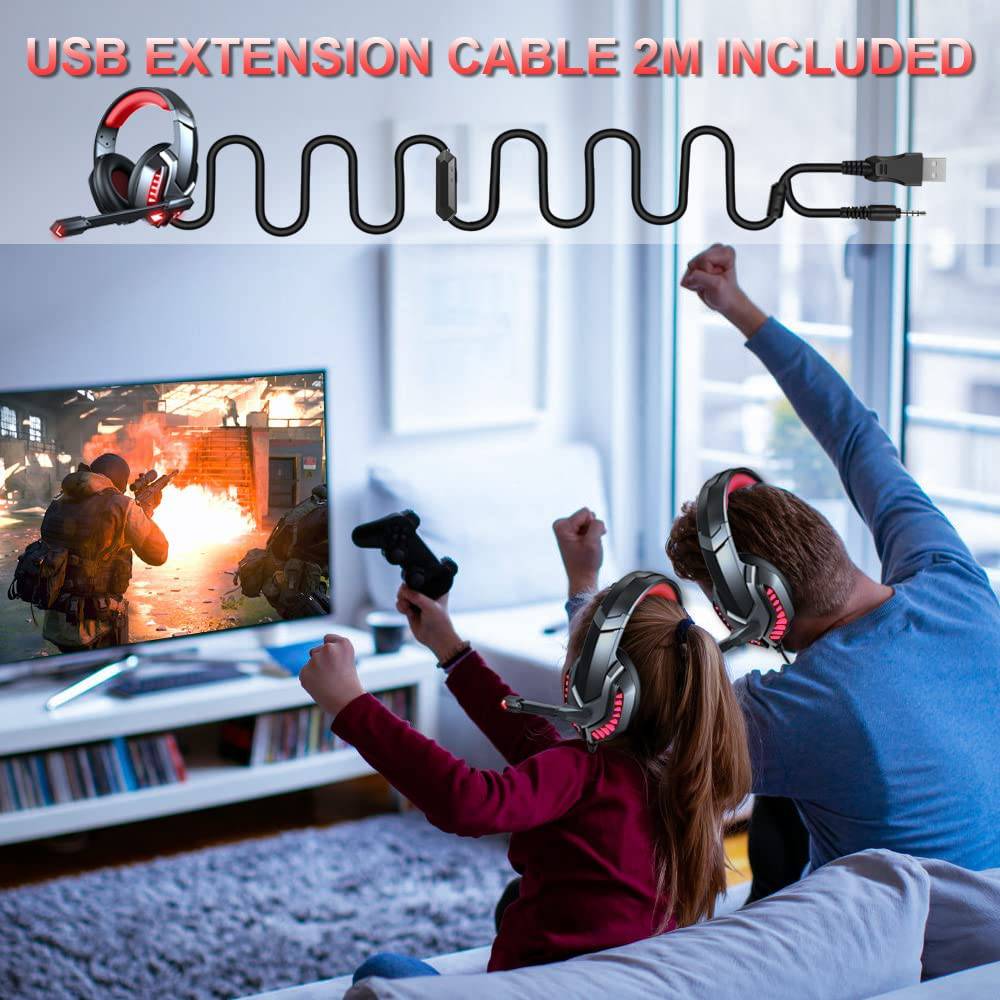 Donerton - Auriculares para juegos, sobre la oreja con micrófono con cancelación de ruido, sonido envolvente de graves estéreo, orejeras de memoria suave, luz LED, auriculares para juegos PS4 compatibles con PC, computadora portátil, PS4, PS5, rojo