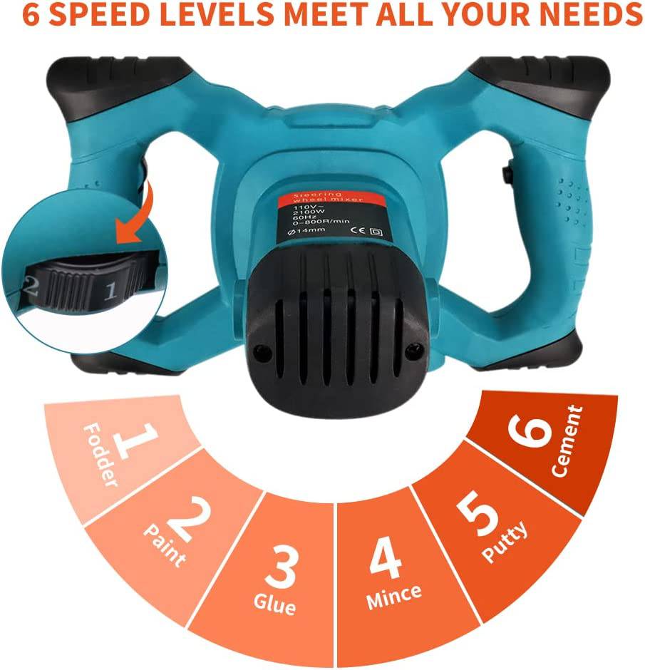 FAST SOLDER - Mezclador de cemento portátil de 2100W, máquina mezcladora de mortero de pintura de yeso de hormigón eléctrica portátil, ajustable, 6 velocidades, 110V con guantes - DIGVICE MX