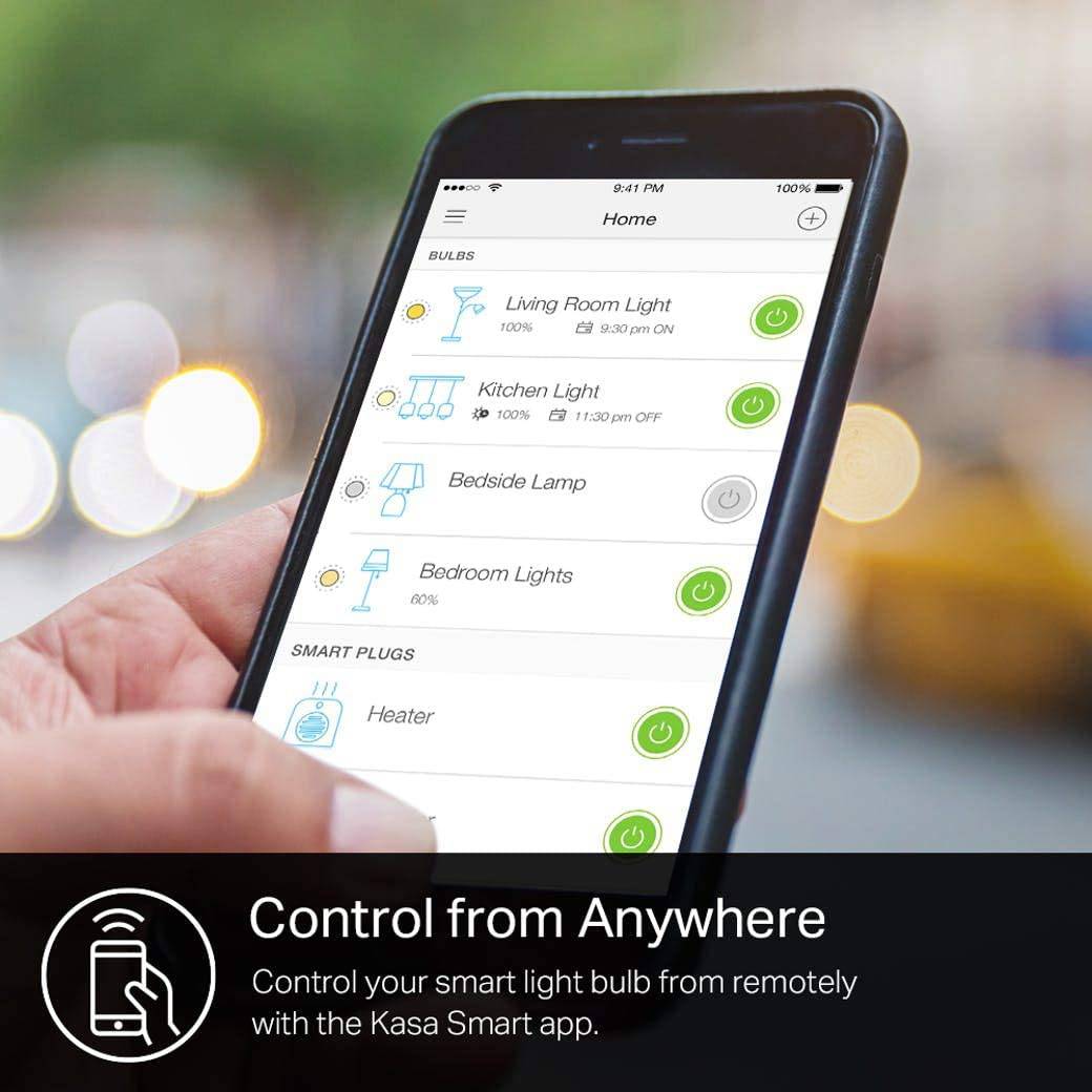 Bombillas inteligentes Kasa que funcionan con Alexa y Google Home, bombilla LED inteligente regulable, A19, 9 W, 800 lúmenes, blanco suave (2700 K), CRI≥90, WiFi 2,4 Ghz solamente, no requiere concentrador, paquete de 4 (KL110P4) - DIGVICE MX