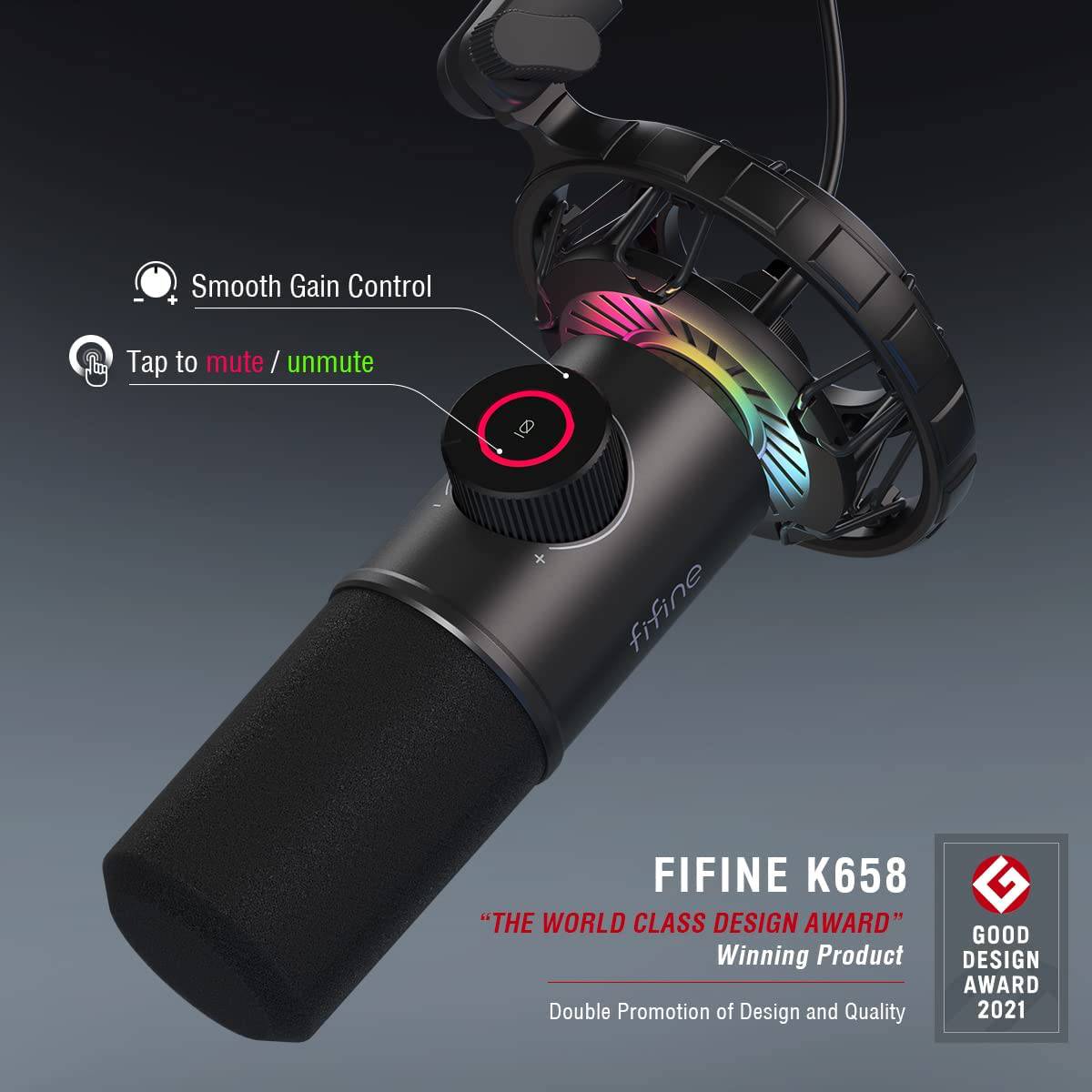 FIFINE RGB Micrófono USB para juegos, dinámico para PC, con botón Tap-to-Mute, micrófono cardioide Plug & Play con conector para auriculares para transmisión, podcast, Twitch, YouTube, Discord- K658