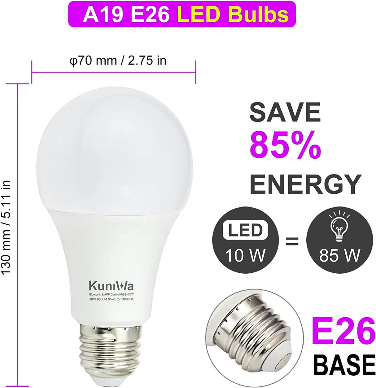 KUNIWA - Paquete de 2 bombillas LED con Bluetooth que cambian de color, 10 W, control de aplicación, Kuniwa regulable A19 E26 RGB, 800 lm, equivalente a 80 W, temporizador, no requiere concentrador - DIGVICE MX