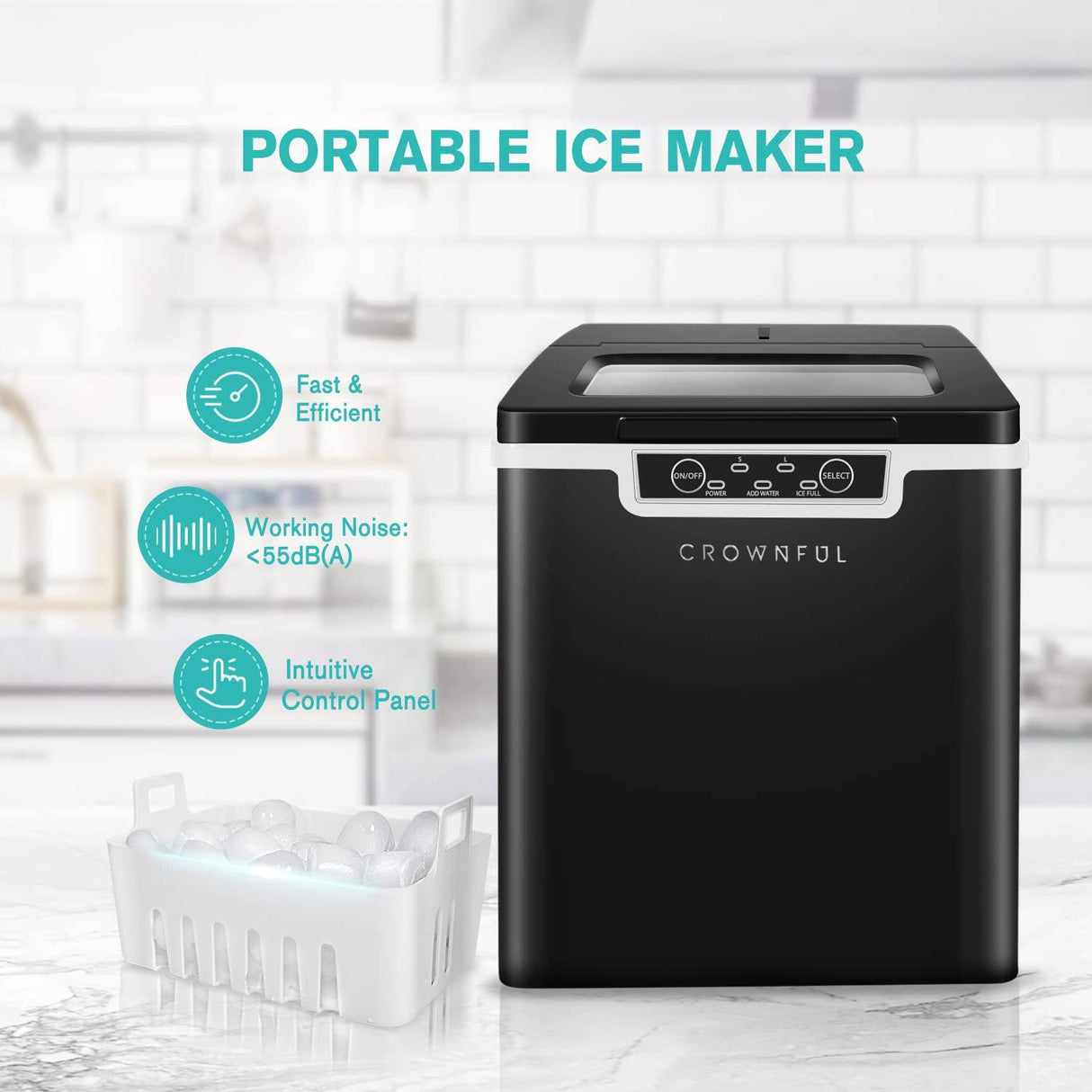 CROWNFUL - Máquina para hacer hielo , 9 cubitos de hielo listos en 8 minutos, cubitos de hielo de 26 libras en 24 horas, máquina eléctrica para hacer hielo con cuchara y cesta - DIGVICE MX