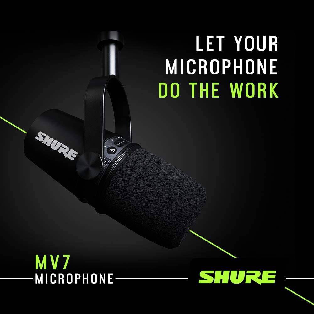 Shure MV7 Micrófono USB para podcasting, grabación, transmisión en vivo y juegos, salida de auriculares integrada, micrófono dinámico USB/XLR totalmente metálico, tecnología de aislamiento de voz, certificación TeamSpeak y Zoom, negro