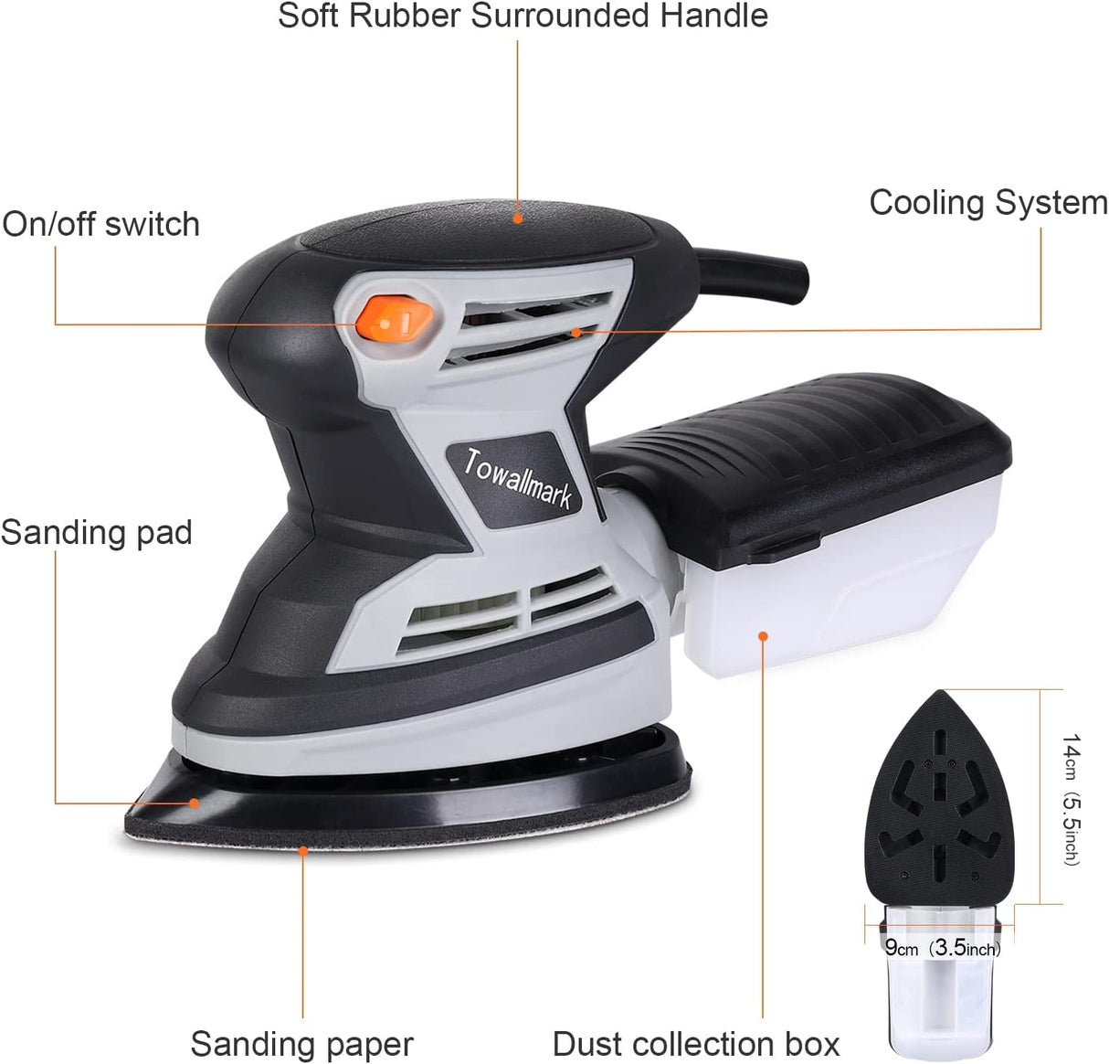 Towallmark - Lijadora de detalles 15,000 OPM Lijadora eléctrica compacta con 12 piezas de papel de lija, sistema eficiente de recolección de polvo, lijadora de mano multifunción para carpintería (1.7A, gris) - DIGVICE MX
