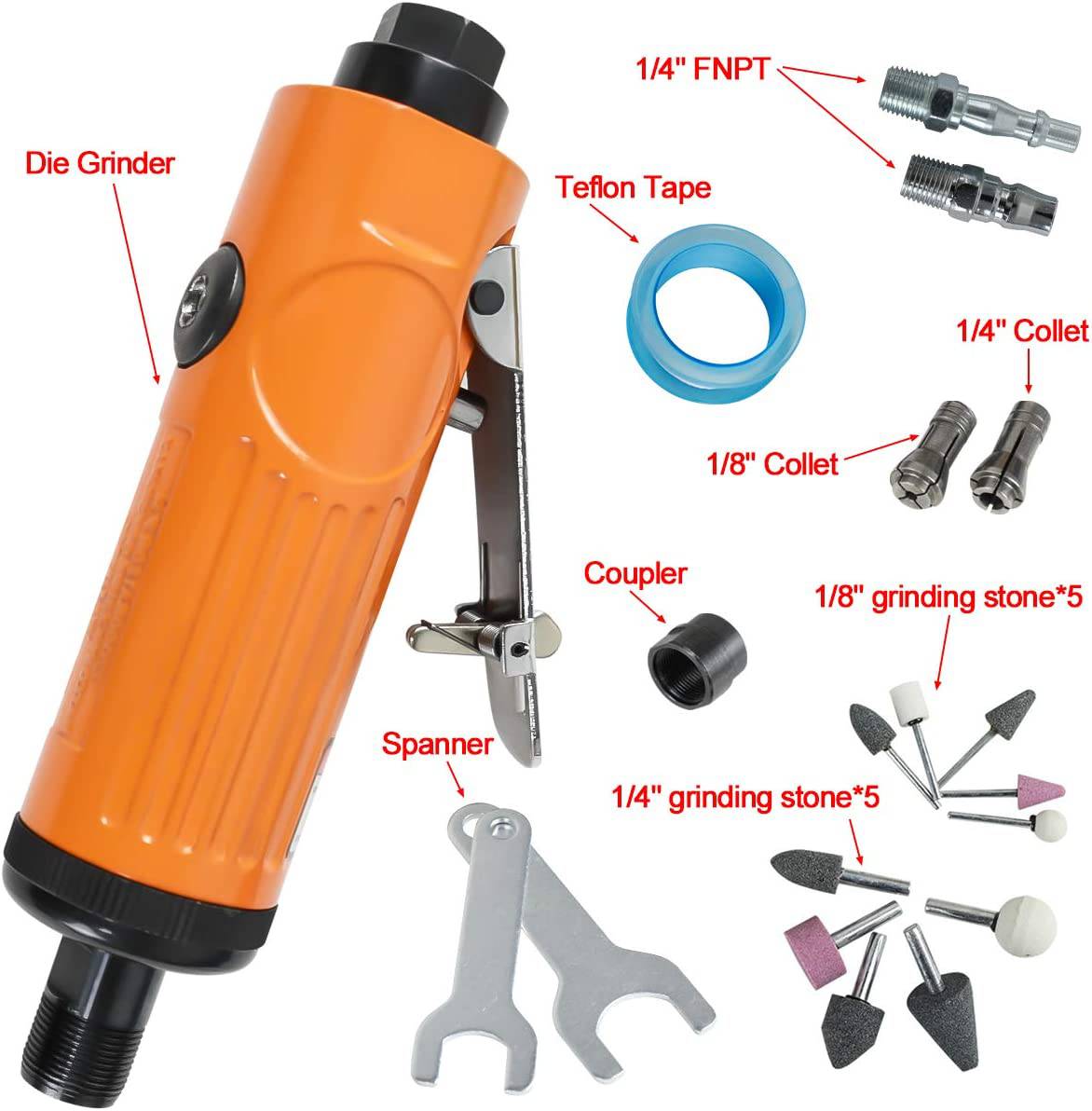 Sutekus Kit de amoladora de aire de 1/4 pulgadas, juego de herramientas de compresor de aire rotativo, lijadora neumática, acelerador de aire compacto con pinzas de 1/4 y 1/8 pulgadas (naranja) - DIGVICE MX