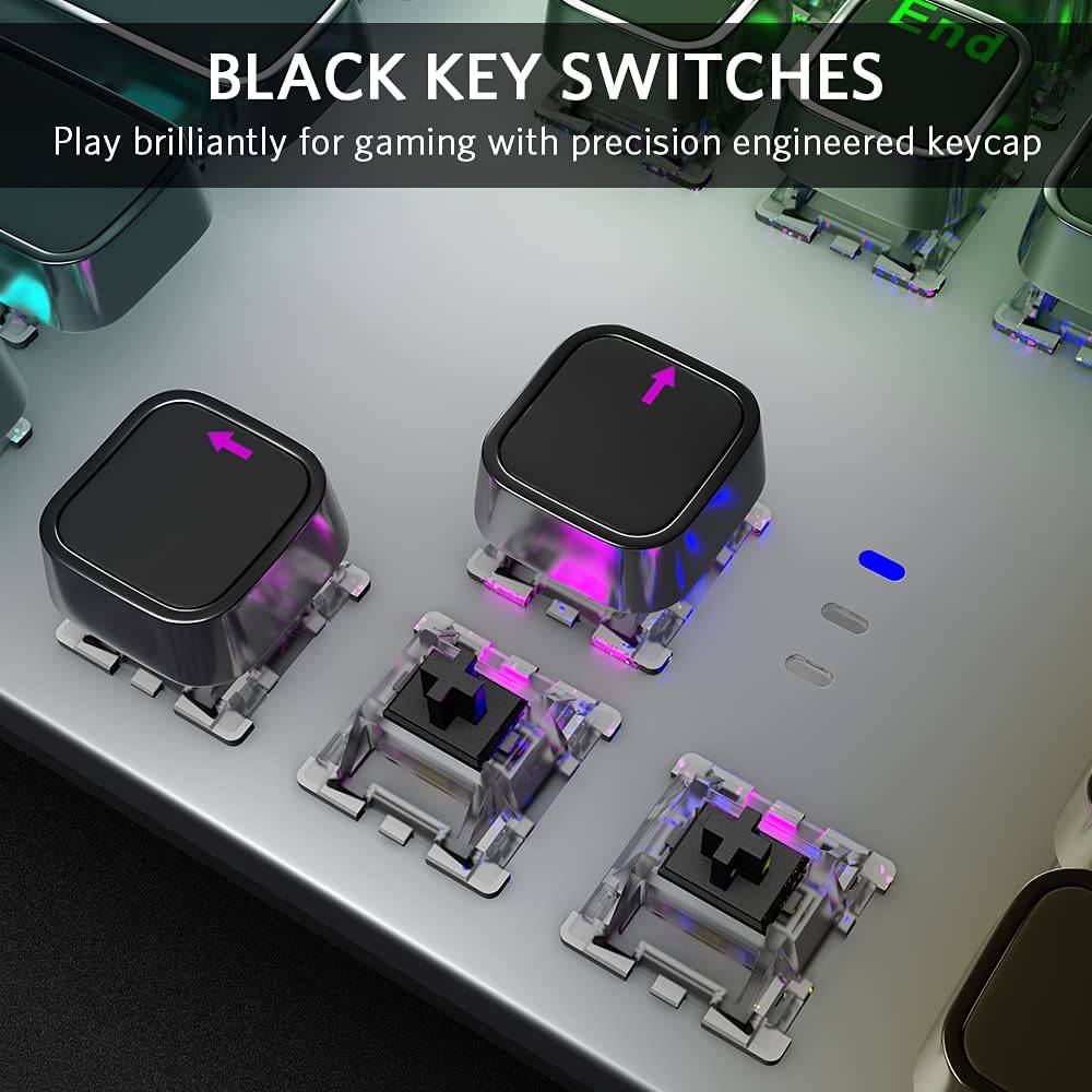 Fiodio - Teclado mecánico para juegos, retroiluminación LED Rainbow Gaming, 104 teclas anti-efecto fantasma, interruptores negros de respuesta rápida, control multimedia para PC y computadora de escritorio, con reposamanos extraíble