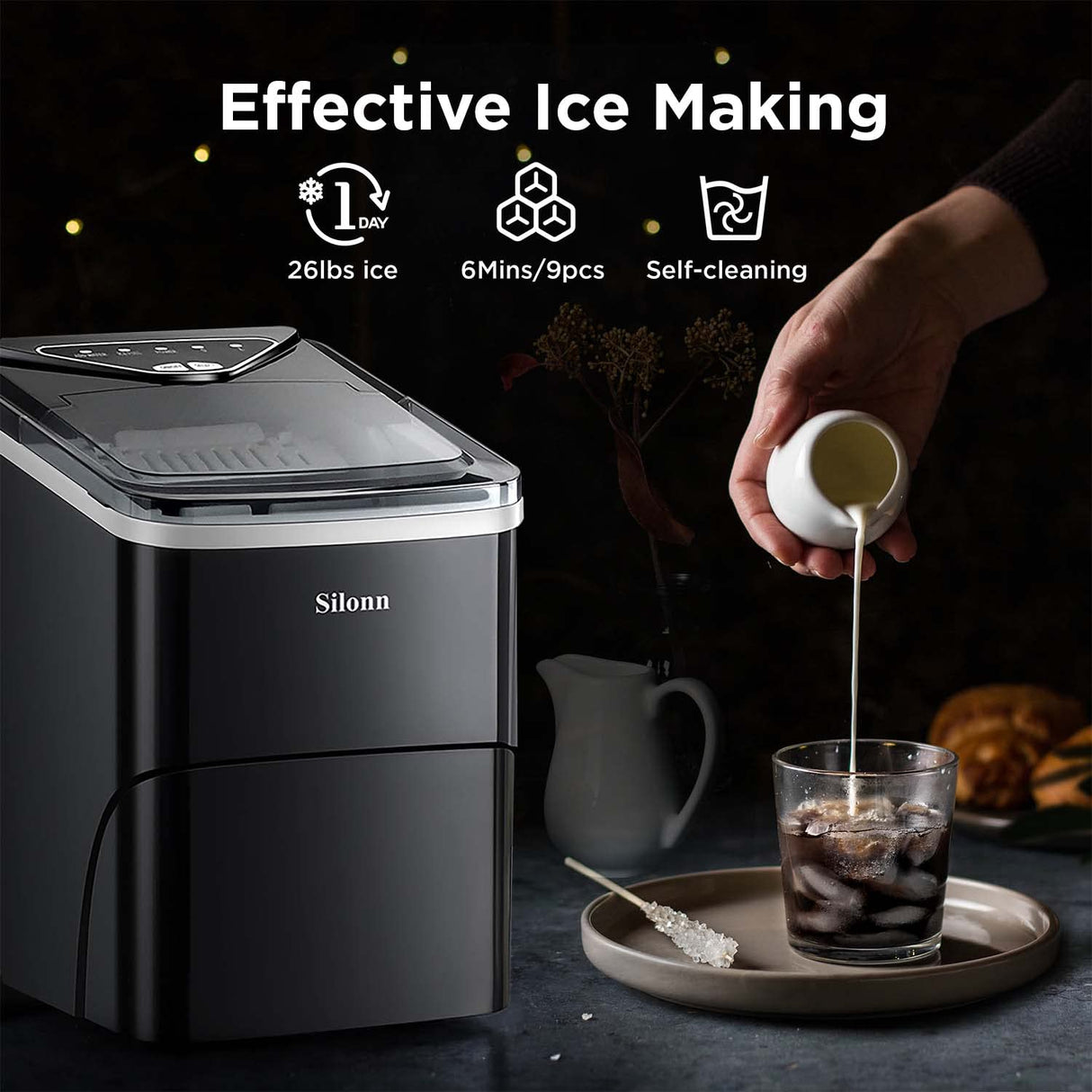 Silonn Ice Makers encimera, 9 cubos listos en 6 minutos, 26 libras en 24 horas, máquina de hielo autolimpiante con pala de hielo y cesta, 2 tamaños de hielo de bala para el hogar, cocina, oficina, bar, fiesta - DIGVICE MX