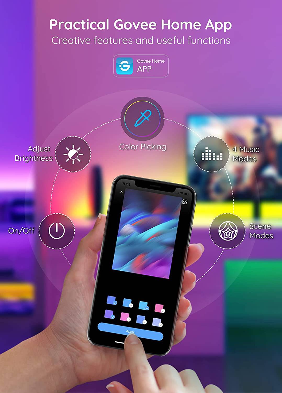 Govee RGBIC TV LED retroiluminación, luces LED para TV con control de aplicación, sincronización de música, modos de escena, tira de luces que cambian de color RGBIC de 6.56 pies para televisores de 30-50 pulgadas, alimentado por USB - DIGVICE MX