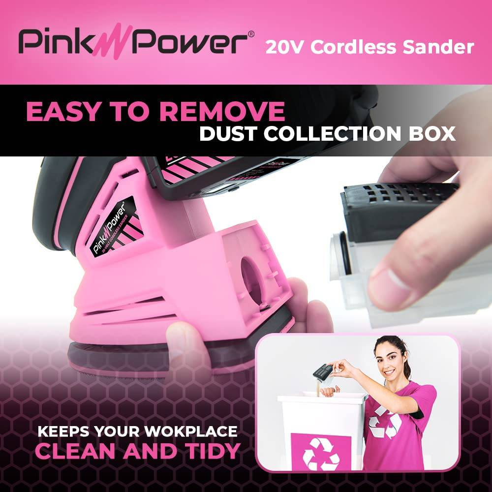 Pink Power - Lijadora de detalles para carpintería, lijadora de mano eléctrica inalámbrica de 20 V para muebles de madera, miniherramienta de lijadora de palma con papel de lija, batería de iones de litio y cargador - DIGVICE MX