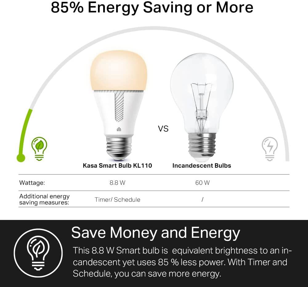 Kasa Smart Light Bulb KL110, LED Wi-Fi smart bulb funciona con Alexa y Google Home, A19 regulable, 2,4 Ghz, no requiere concentrador, 800 lm blanco suave (2700 K), 9 W (equivalente a 60 W) - DIGVICE MX