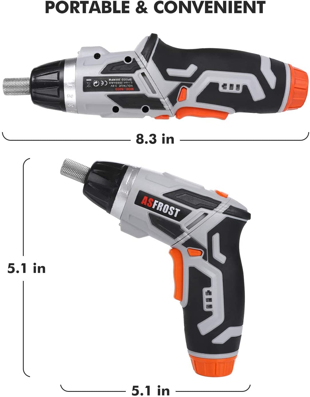 Destornillador eléctrico inalámbrico AsFrost 3.6V 2000mAh Recargable Pistola de tornillo y juego de puntas, 45 piezas de accesorios, 7 ajustes de torsión, mango de 2 posiciones con luz LED, eje flexible - DIGVICE MX