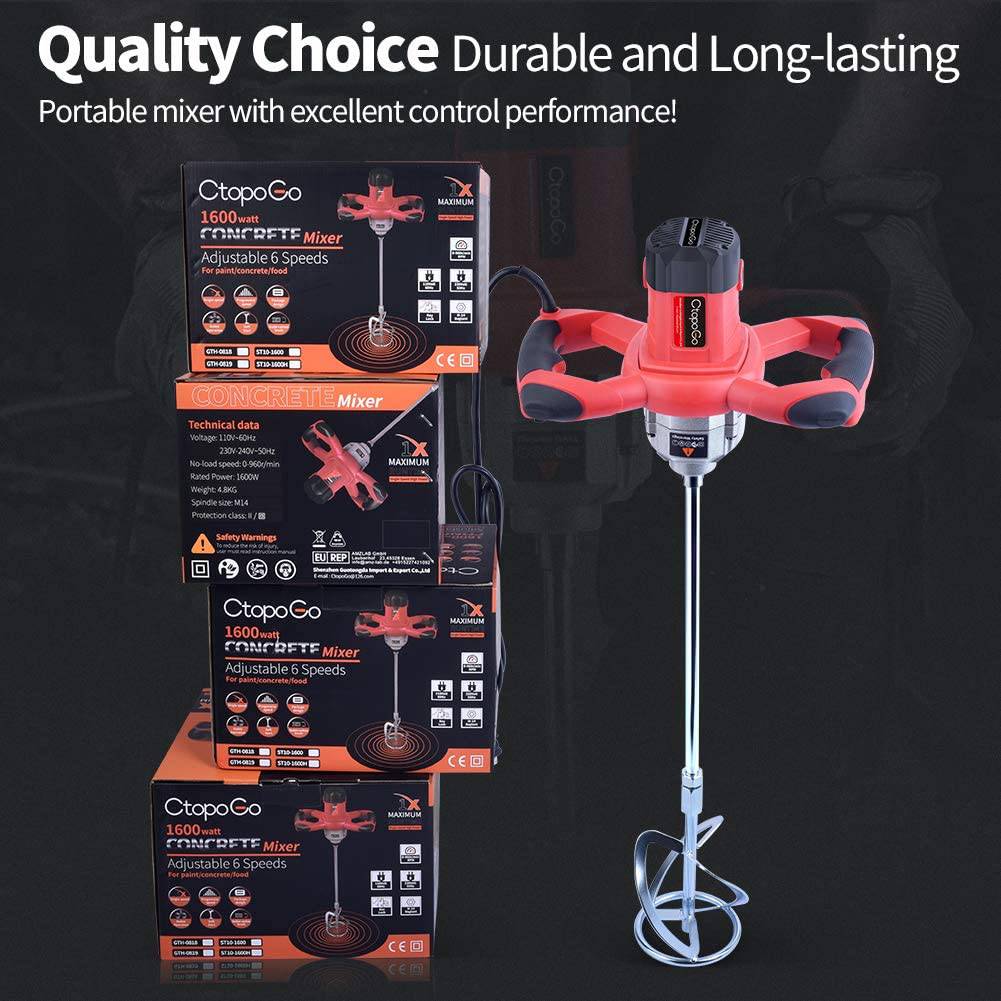 CtopoGo - 1600 W portátil eléctrico hormigón cemento yeso lechada pintura Thinset mortero paleta mezclador Pro taladro mezclador herramienta de agitación ajustable 6 velocidades portátil estándar 110 V - DIGVICE MX