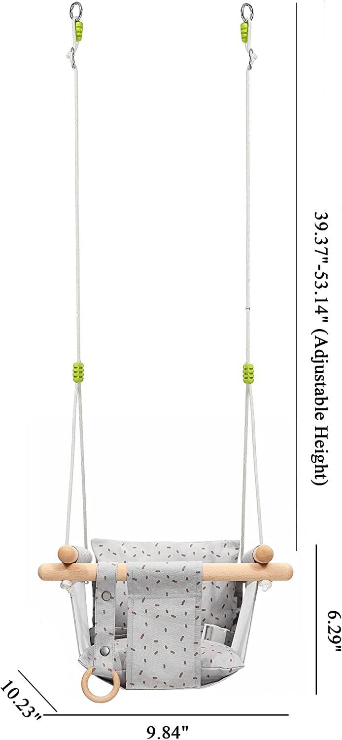 Milan Secure lona y madera para bebé, columpio colgante para interior y exterior, columpios de 6 a 36 meses con anillo de madera natural y cinturón de seguridad seguro, gris claro - DIGVICE MX