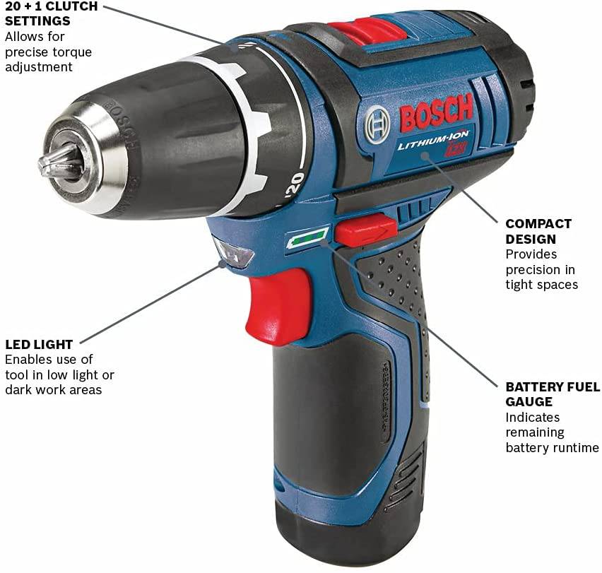BOSCH Power Tools Drill Kit - PS31-2A - 12V, 3/8 pulgadas, destornillador de dos velocidades, juego de taladro inalámbrico - Incluye dos baterías de iones de litio, cargador de 12V, puntas de destornillador y bolsa de transporte suave, azul - DIGVICE MX