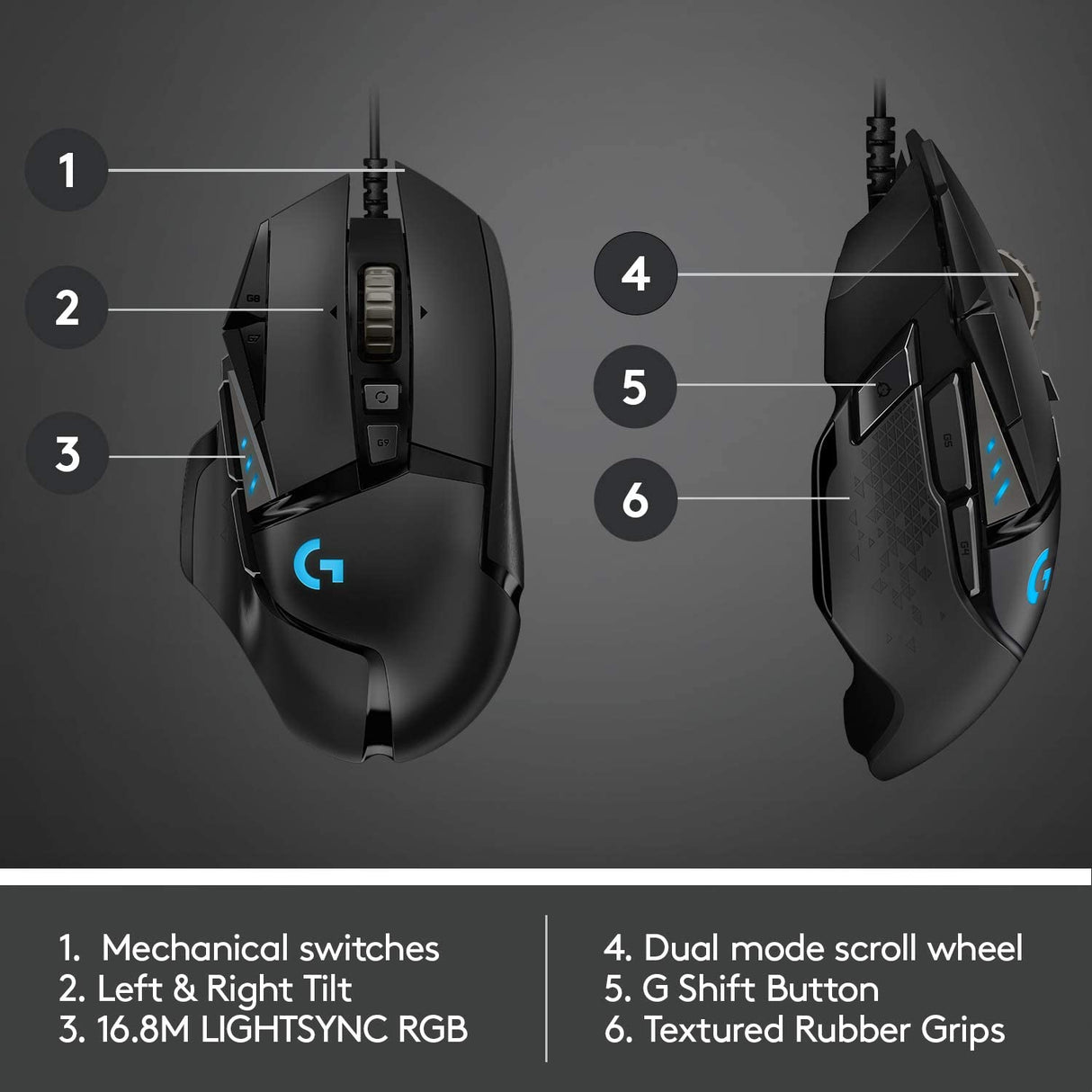 Logitech G502 HERO - Ratón para juegos con cable de alto rendimiento, sensor HERO 25K, 25 600 DPI, RGB, pesos ajustables, 11 botones programables, memoria integrada, PC/Mac