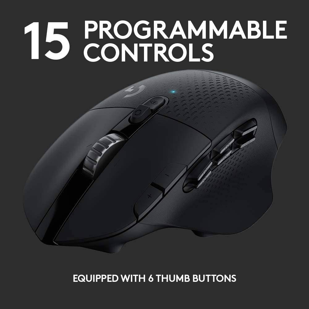 Logitech G604 LIGHTSPEED - Ratón inalámbrico para juegos con 15 controles programables, hasta 240 horas de duración de la batería, dos modos de conectividad inalámbrica, rueda de desplazamiento hiperrápida - Negro