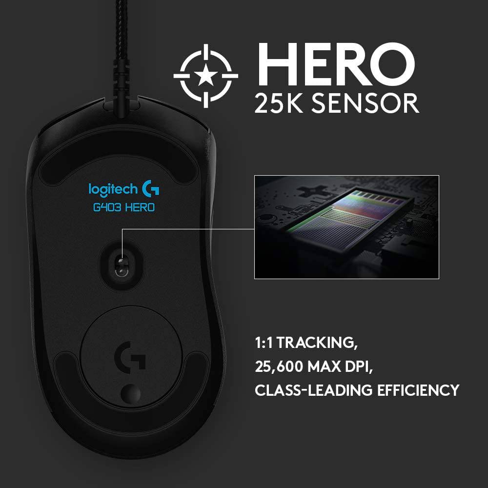 Logitech G403 Hero 25K - Ratón para juegos, Lightsync RGB, ligero 87G+10G opcional, cable trenzado, 25, 600 DPI, empuñaduras laterales de goma