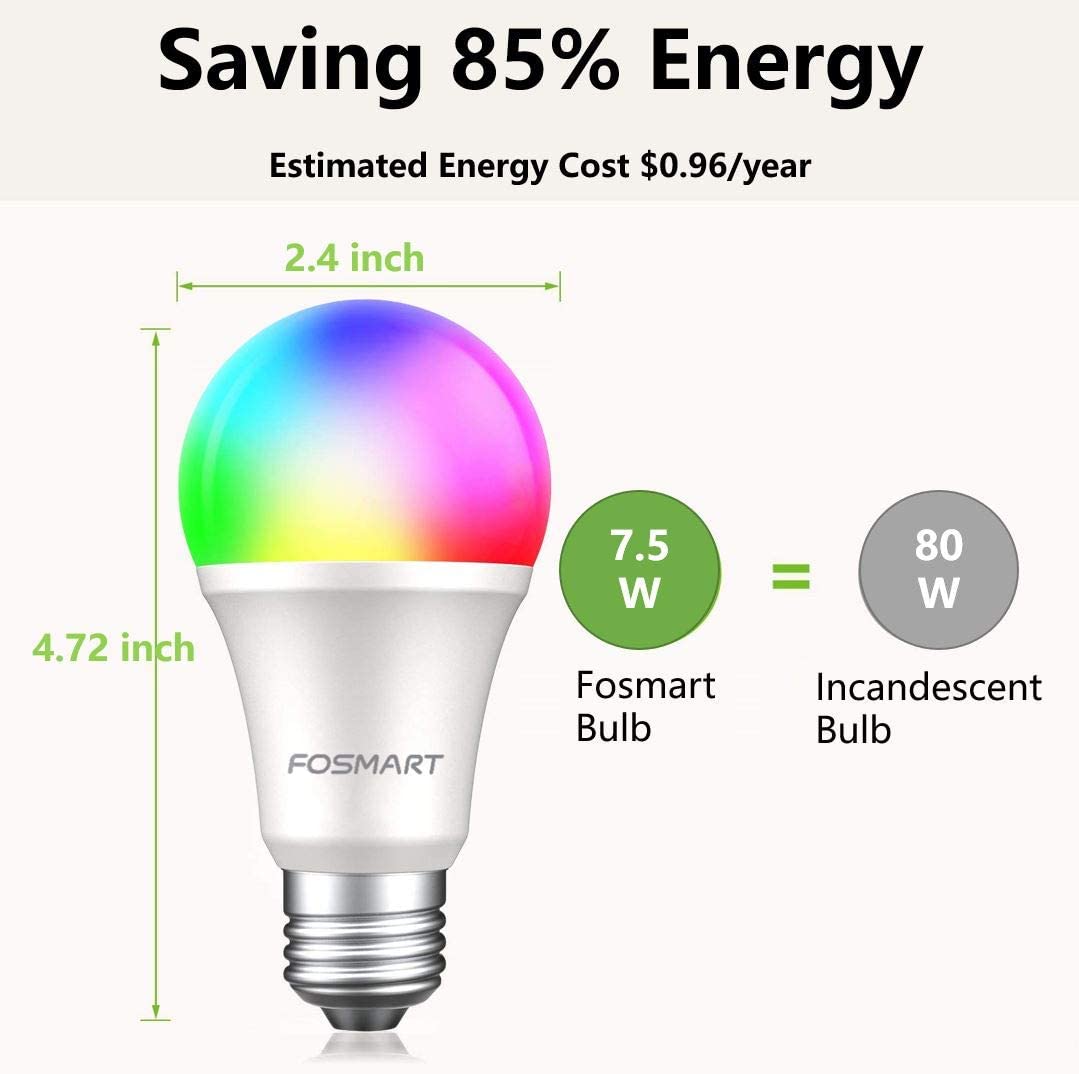 FOSMART - Bombilla inteligente con luz blanca suave, 16 millones de bombillas RGB que cambian de color regulables, funciona con Alexa, Google Home, E26 7,5 W (equivalente a 60 W), solo WiFi de 2,4 GHz, no requiere concentrador (4 unidades) - DIGVICE MX