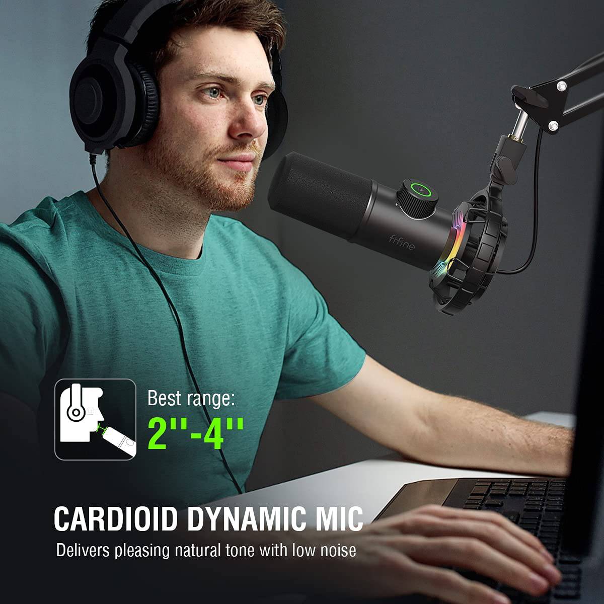 FIFINE RGB Micrófono USB para juegos, dinámico para PC, con botón Tap-to-Mute, micrófono cardioide Plug & Play con conector para auriculares para transmisión, podcast, Twitch, YouTube, Discord- K658