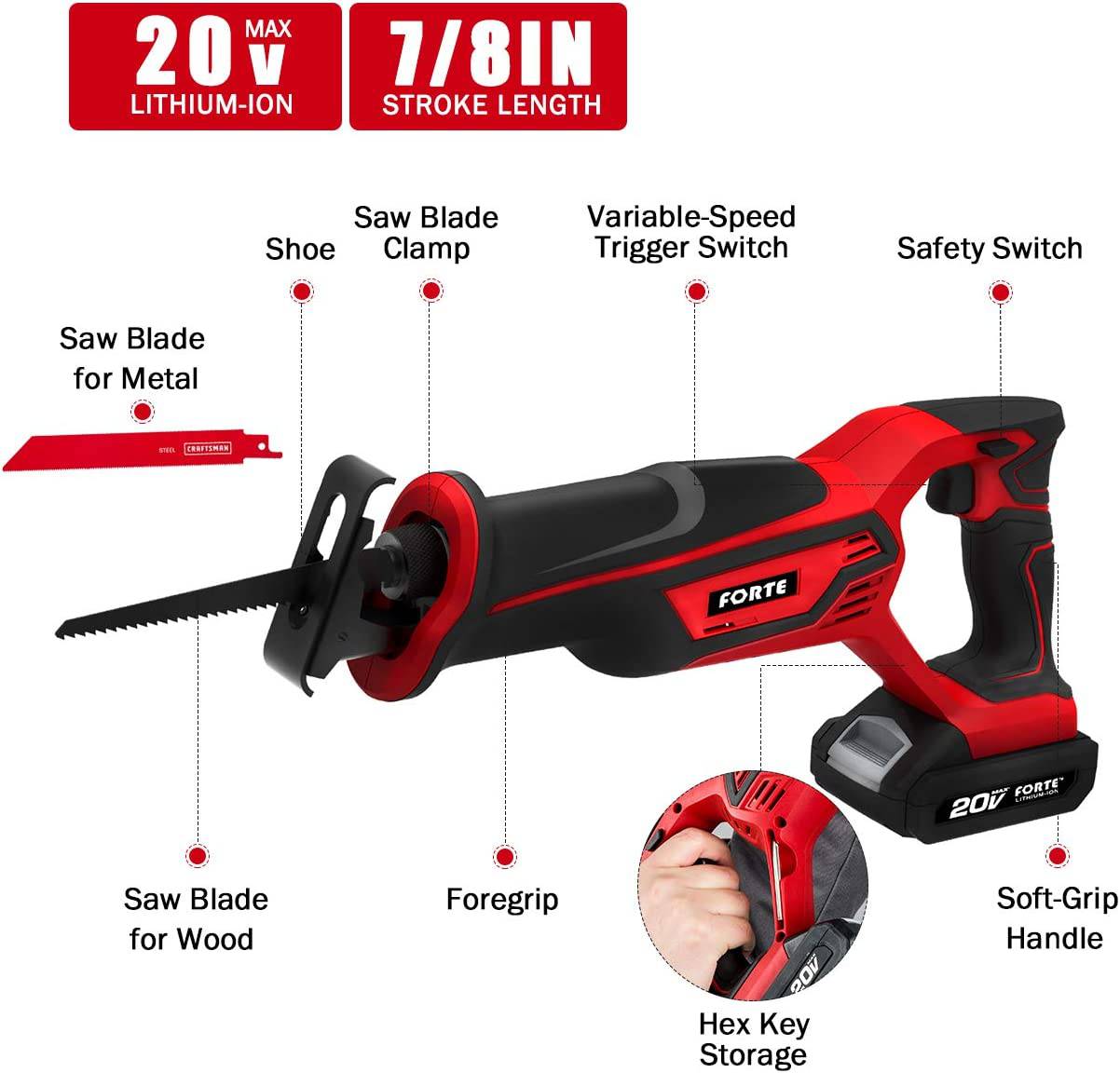 Sierra alternativa FORTE de 20 V máx. con batería de iones de litio y cargador rápido, velocidad variable y cambio de hoja sin herramientas, 2 hojas de sierra para corte de madera y metal - DIGVICE MX