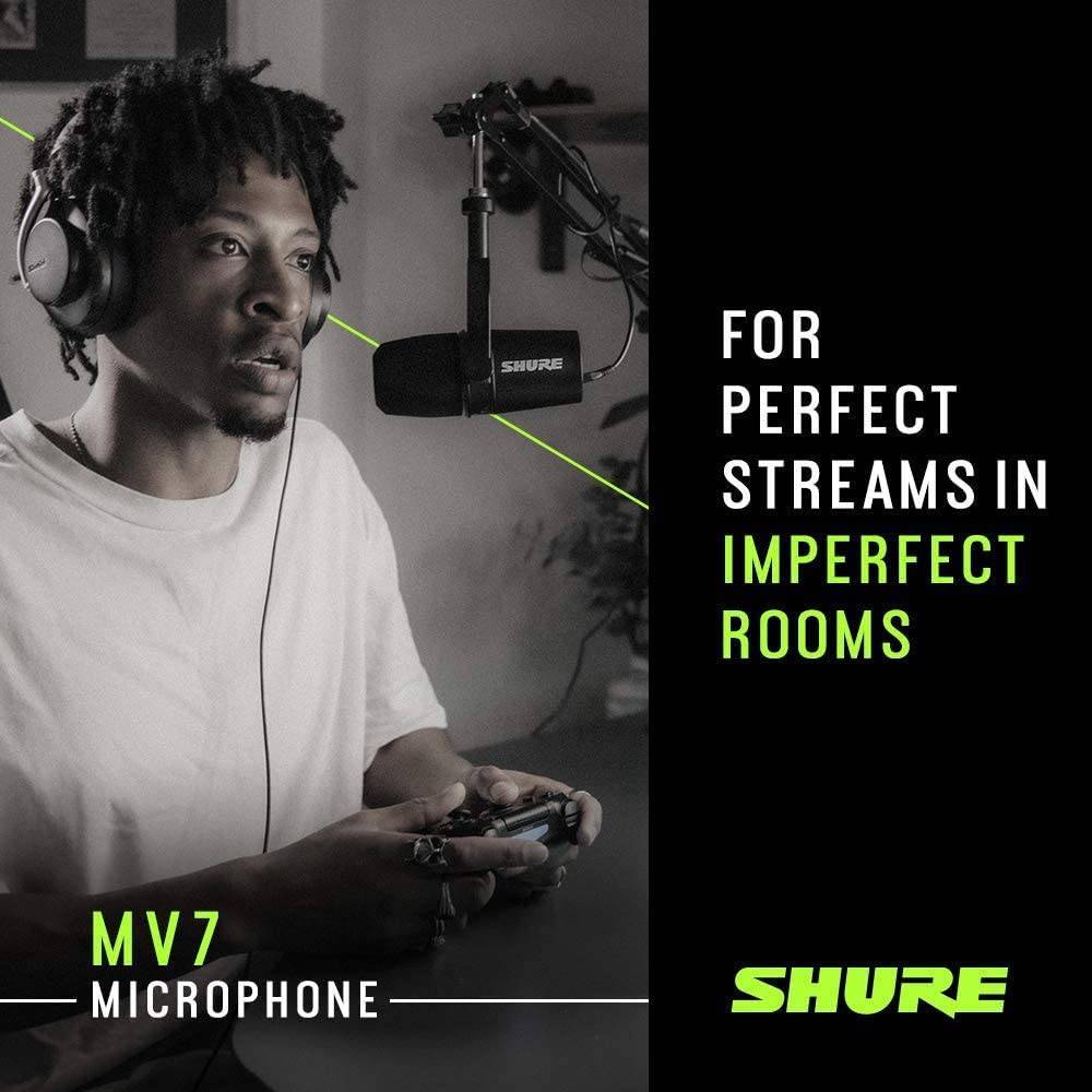 Shure MV7 Micrófono USB para podcasting, grabación, transmisión en vivo y juegos, salida de auriculares integrada, micrófono dinámico USB/XLR totalmente metálico, tecnología de aislamiento de voz, certificación TeamSpeak y Zoom, negro