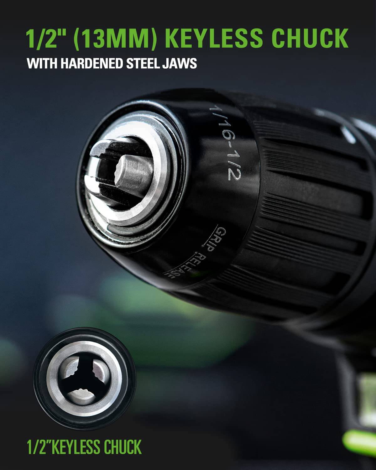 Greenworks Kit de taladro inalámbrico sin escobillas de 24 V, 310 pulgadas/libras, embrague de 18+1 posición, portabrocas sin llave de 1/2 pulgada, velocidad variable, (2) baterías de 2 Ah con cargador de 2A, luz LED, 8 brocas con bolsa de herramientas - DIGVICE MX