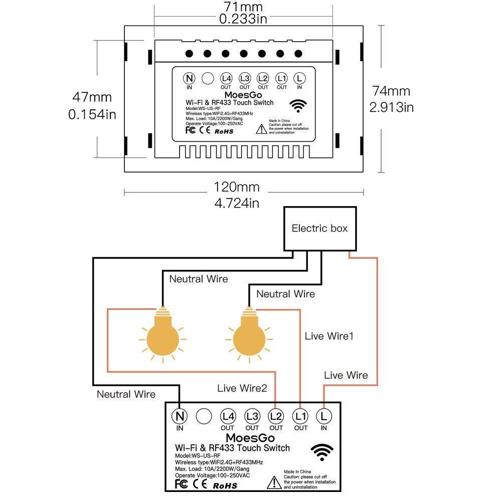 MoesGo Interruptor de luz de pared inteligente WiFi, panel de vidrio, control múltiple (3 vías), interruptores táctiles Wi-Fi de 2,4 GHz, cable neutro requerido, aplicación de control remoto Smart Life/Tuya, funciona con Alexa, Google Home White 4 Gang - DIGVICE MX