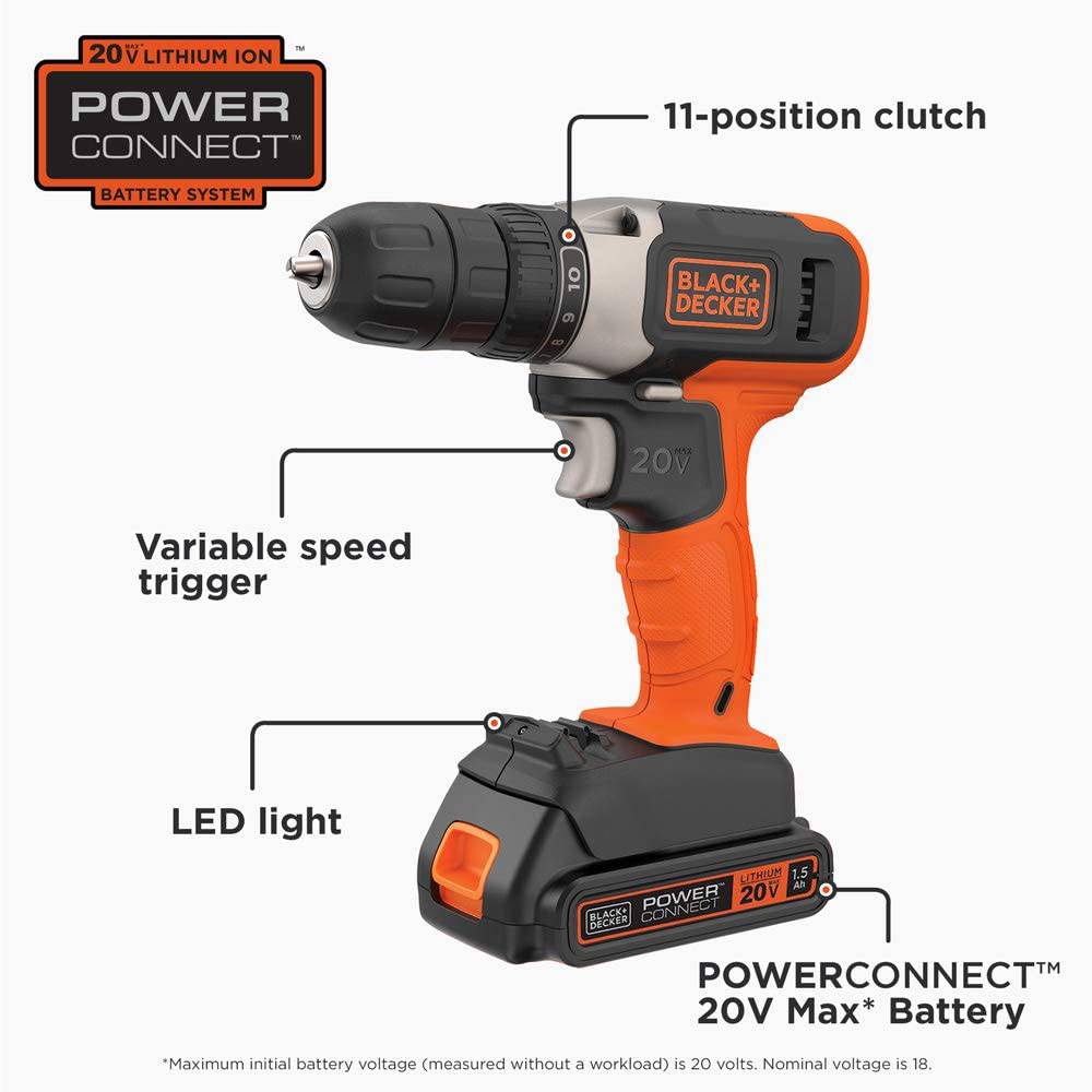 BLACK+DECKER 20V MAX* Taladro inalámbrico, inalámbrico (BCD702C1) - DIGVICE MX