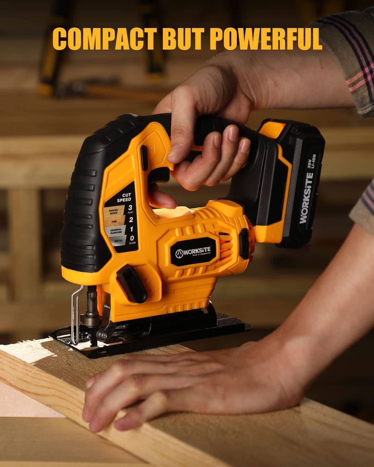 Sierra de calar inalámbrica WORKSITE, sierra de calar de 20 V con batería de 2,0 A y cargador rápido de 1 hora, velocidad ajustable de 0 a 3000 SPM, corte biselado de ±45°, 10 cuchillas para carpintería - DIGVICE MX