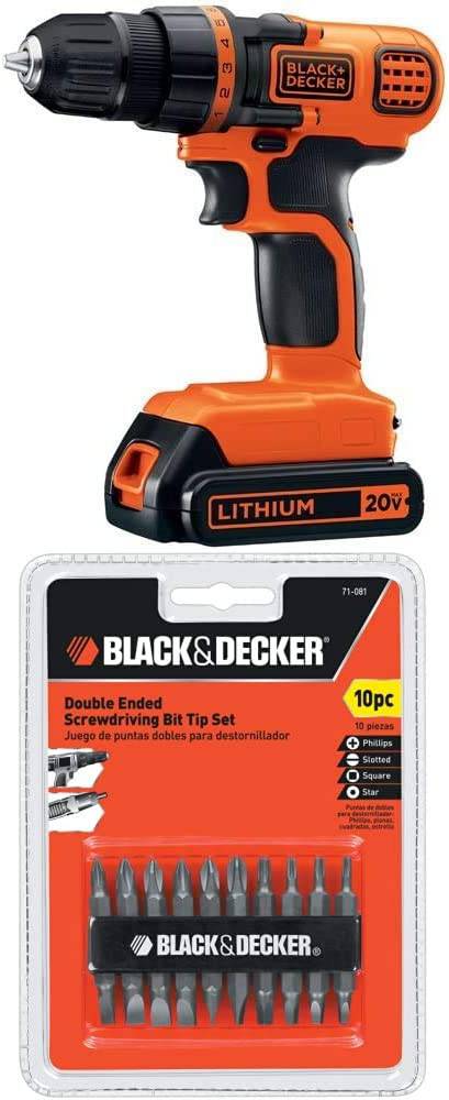 Black & Decker LDX120C Taladro/destornillador inalámbrico de iones de litio de 20 voltios MAX con juego de puntas de destornillador de doble extremo 71-081, 10 piezas - DIGVICE MX