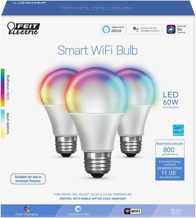 Feit - Bombillas eléctricas inteligentes con cambio de color RGB y blanco sintonizable, bombillas WiFi de 2,4 GHz, no necesita concentrador, funciona con Alexa y Google, regulable 60 W = LED 9 W, OM60/RGBW/CA/AG/3, paquete de 3 - DIGVICE MX