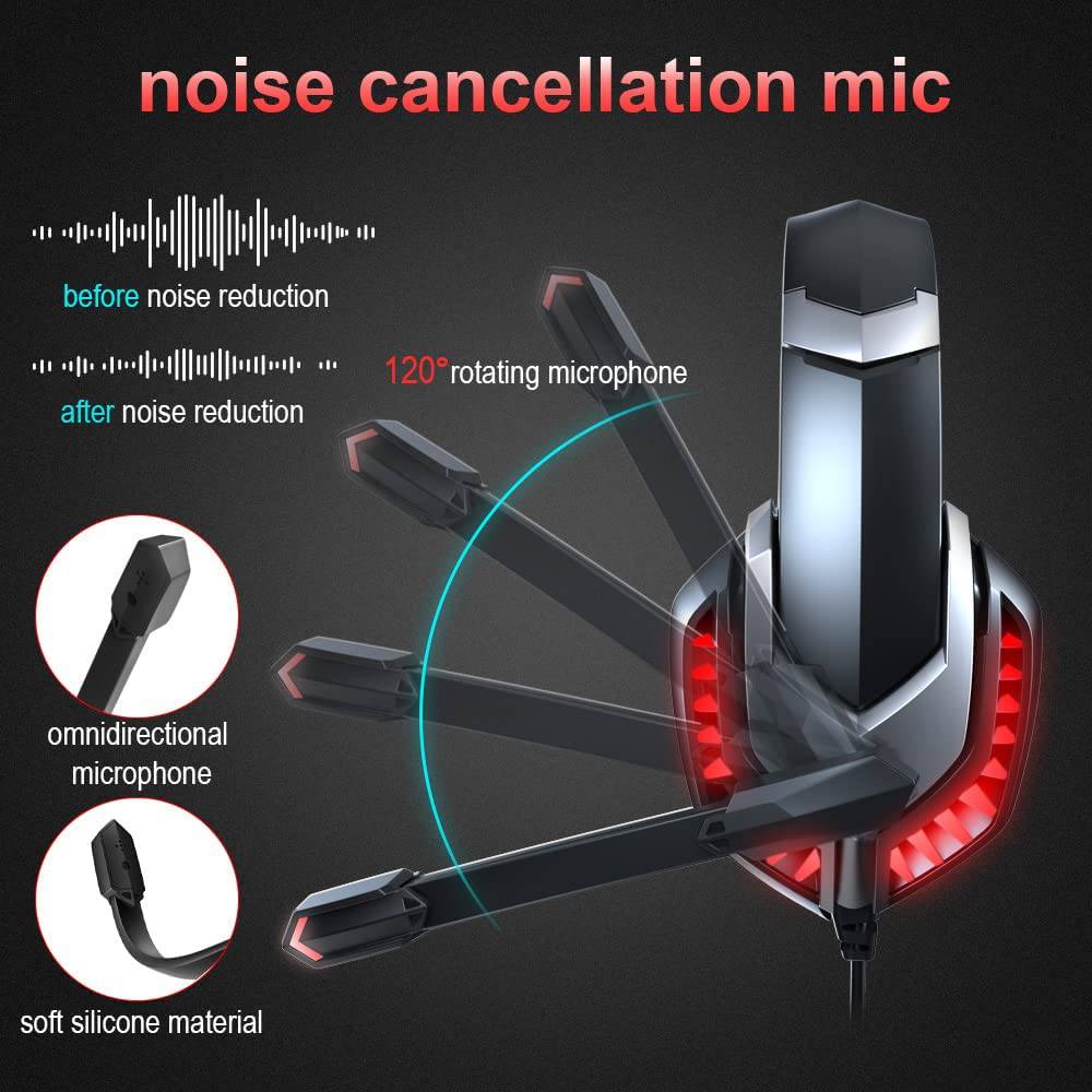 Donerton - Auriculares para juegos, sobre la oreja con micrófono con cancelación de ruido, sonido envolvente de graves estéreo, orejeras de memoria suave, luz LED, auriculares para juegos PS4 compatibles con PC, computadora portátil, PS4, PS5, rojo