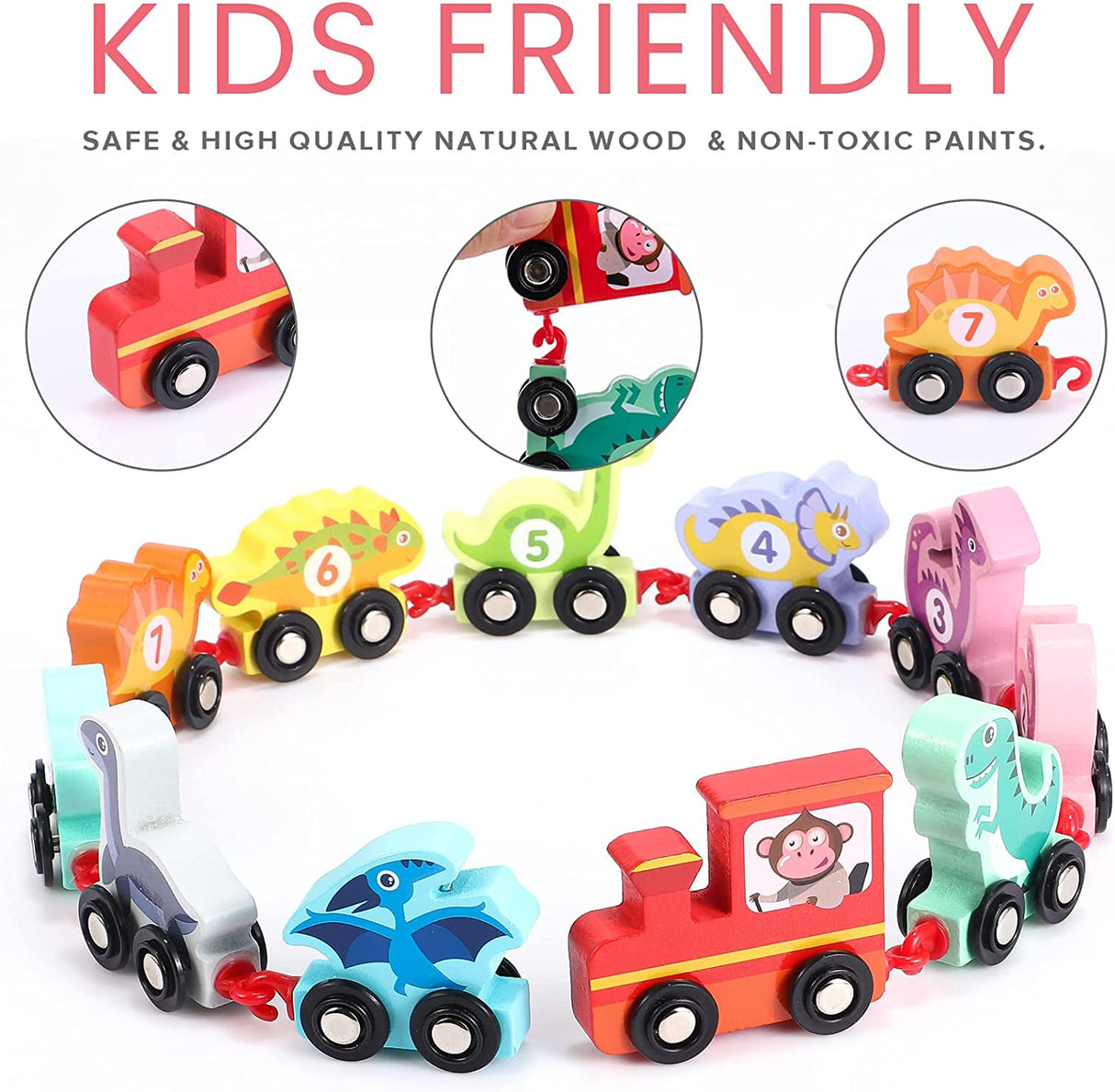 Atoylink Juego de tren de dinosaurio de madera con números Montessori Juguetes educativos de aprendizaje - B0B1LSSWQV