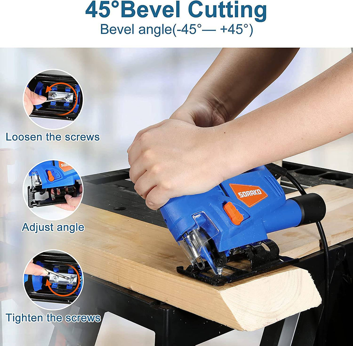 Sierra de calar SORAKO, herramienta de 5,0 amperios con 6 velocidades variables, 4 juegos orbitales, corte biselado: ±45°, profundidad máxima de corte de 2-3/8 pulgadas para madera, 800-3000SPM, con cable con 2 cuchillas y regla de escala - DIGVICE MX
