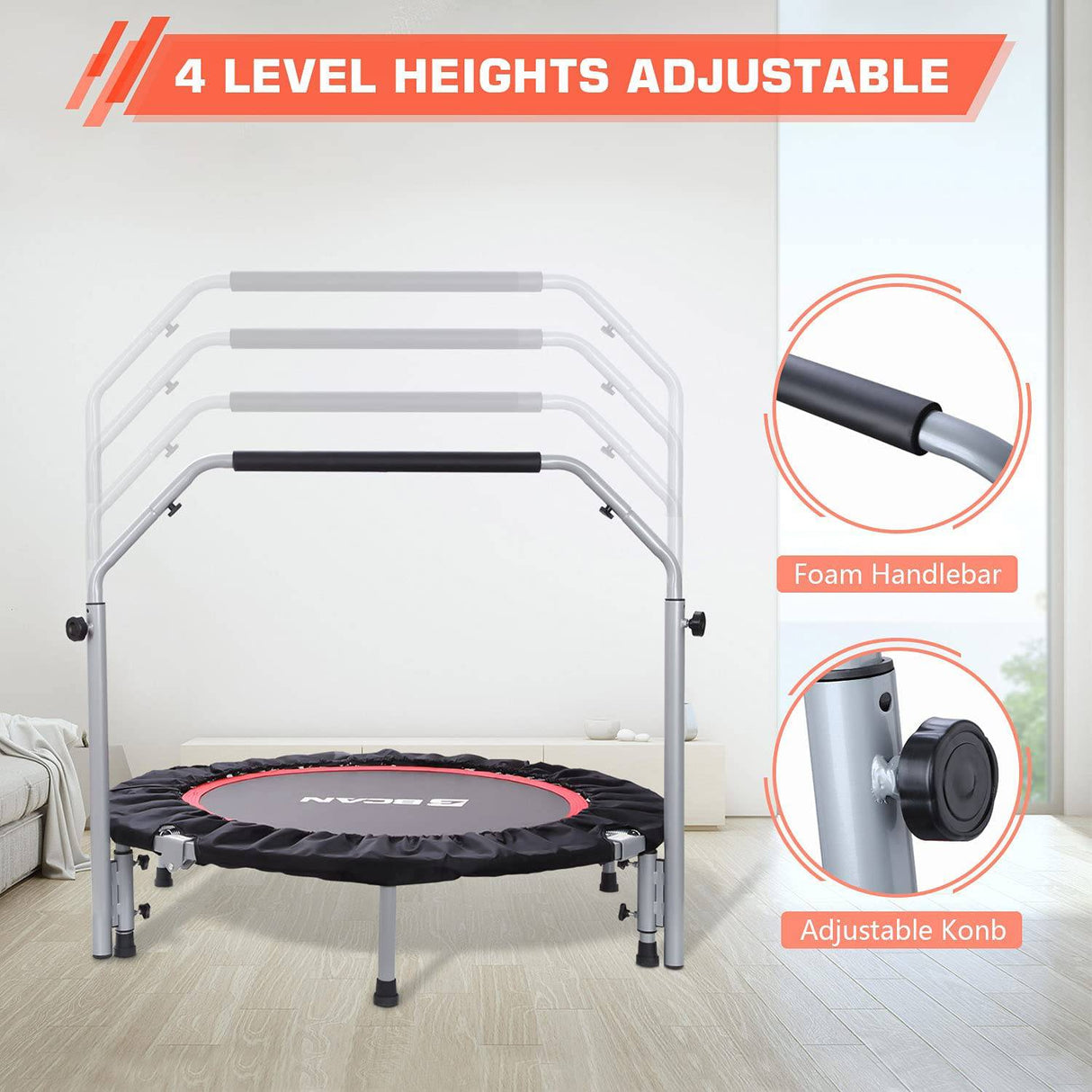 BCAN Mini trampolín plegable de 40 pulgadas, reboteador de fitness con mango de espuma ajustable, trampolín de ejercicio para adultos, entrenamiento en interiores/jardín, carga máxima de 330 libras/440 libras