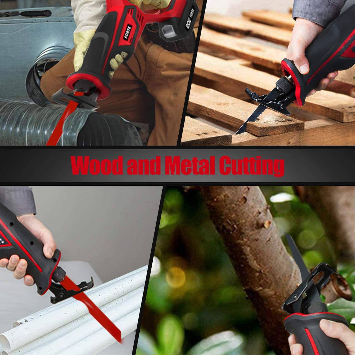 Sierra alternativa FORTE de 20 V máx. con batería de iones de litio y cargador rápido, velocidad variable y cambio de hoja sin herramientas, 2 hojas de sierra para corte de madera y metal - DIGVICE MX