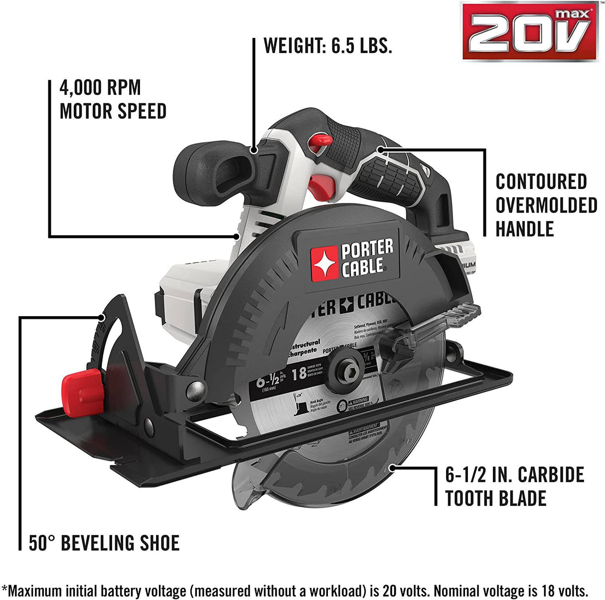 Sierra circular inalámbrica PORTER-CABLE 20V MAX* de 6-1/2 pulgadas, solo herramienta (PCC660B) - DIGVICE MX