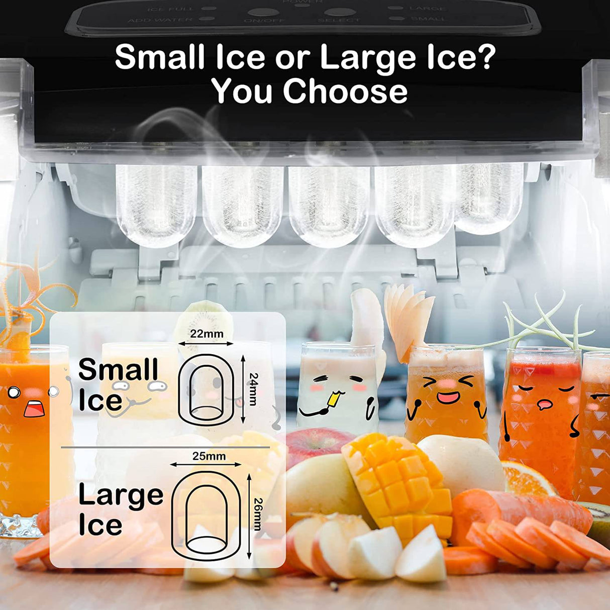 Encimera de máquina para hacer hielo Zyerch, 26 lb de hielo por día, opción de hielo grande o pequeño, fácil de limpiar, disfrute de un suministro interminable de hielo en fiestas, oficinas, patios, hogares, negro - DIGVICE MX