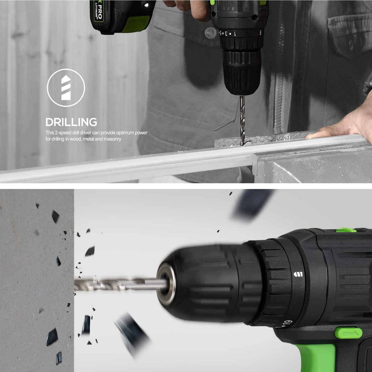 GALAX PRO Taladro compacto de 2 velocidades 20 V MAX taladro de iones de litio/controlador, taladro eléctrico de 3/8 pulgadas con ajuste de par de 19 + 1, batería de 1,3 Ah, luz de trabajo LED - DIGVICE MX