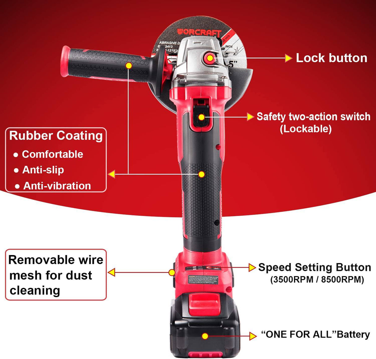 WORCRAFT Amoladora angular inalámbrica, motor sin escobillas, disco de 4-1/2", dos velocidades, batería de iones de litio de 20 V 4,0 Ah, viene con caja de herramientas, cargador y 4 discos - DIGVICE MX