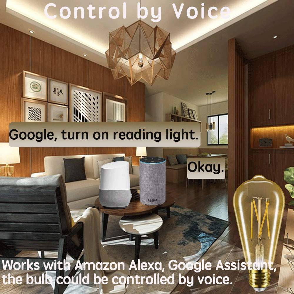 SMARTOTO - Bombilla inteligente WiFi Edison ámbar compatible con Alexa y Google Assistant, vintage regulable E26 ST21 ST64 equivalente a 60 W 2700 K blanco suave no requiere concentrador bombillas LED doradas (1 paquete) - DIGVICE MX