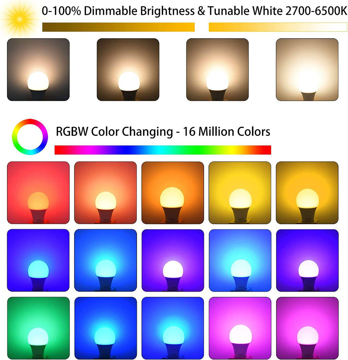 KUNIWA - Paquete de 2 bombillas LED con Bluetooth que cambian de color, 10 W, control de aplicación, Kuniwa regulable A19 E26 RGB, 800 lm, equivalente a 80 W, temporizador, no requiere concentrador - DIGVICE MX