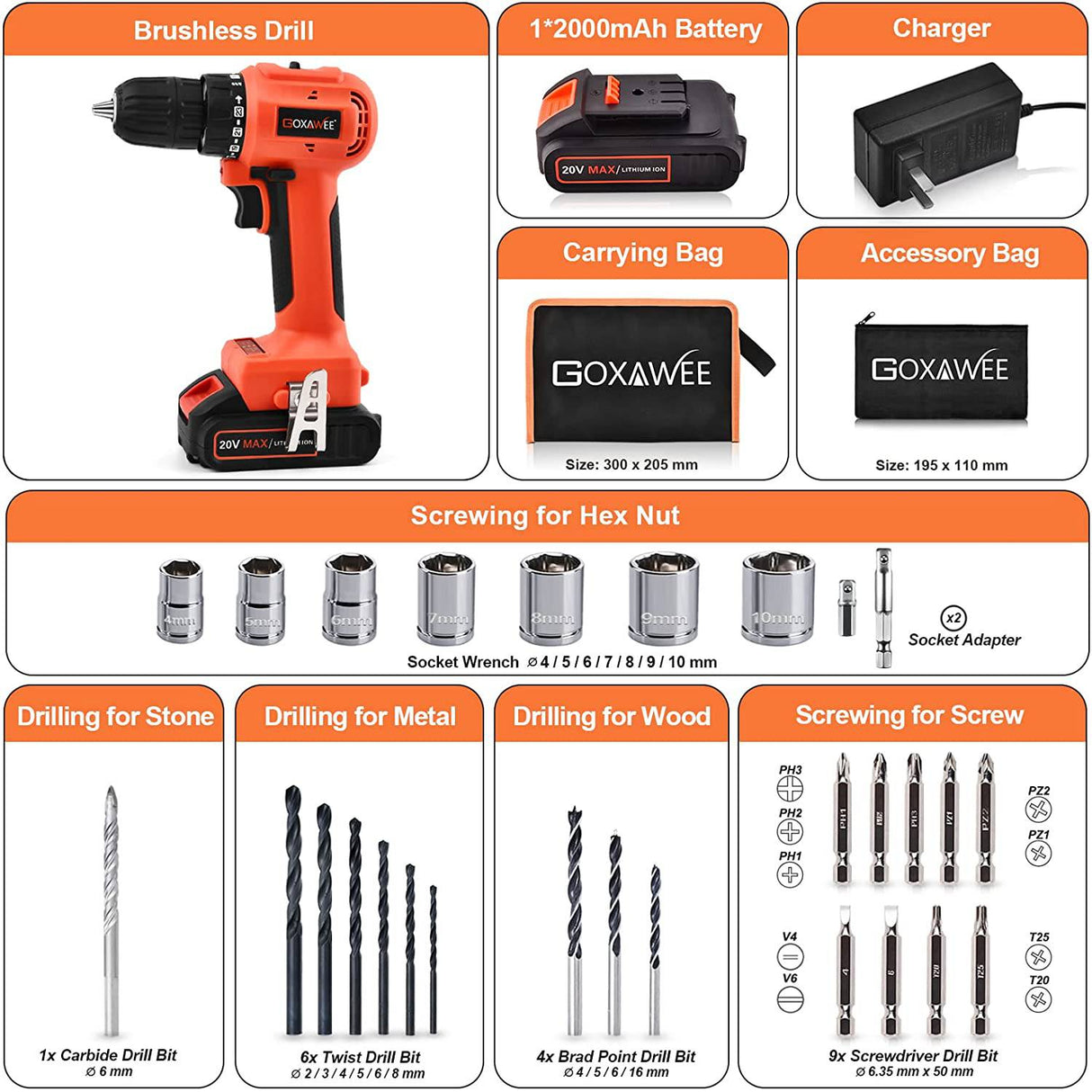 Juego de taladro inalámbrico sin escobillas de 20 V, kit de taladro eléctrico GOXAWEE con batería de 2000 mAh, par de 440 en libras, 2 velocidades - DIGVICE MX